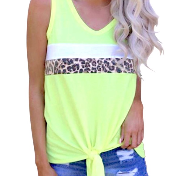 Neon Yellow Striped Leopard/White Tie Front Top - Picture 4 of 6